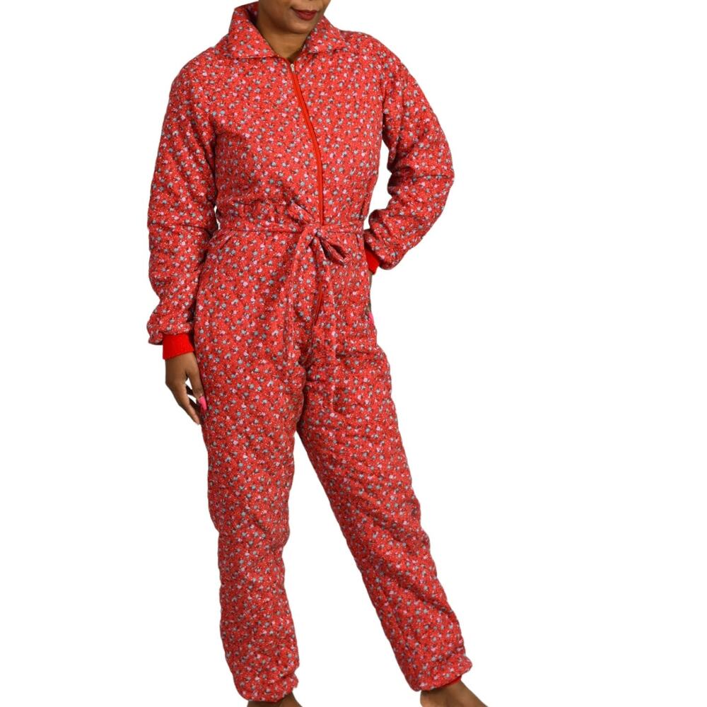 G Caserotti Quilted Jumpsuit Red Vintage Pajamas Loungewear Floral Ditzy Size XS